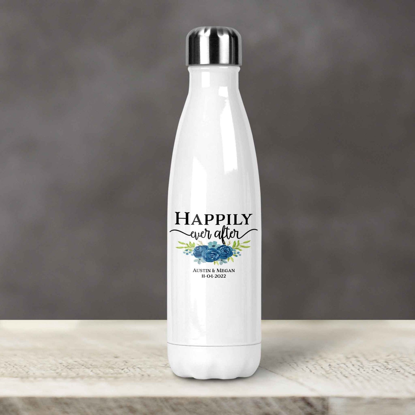 Personalized Water Bottles | Custom Stainless Steel Water Bottles | 17 oz Soda | Happily Ever After Navy Bouqet