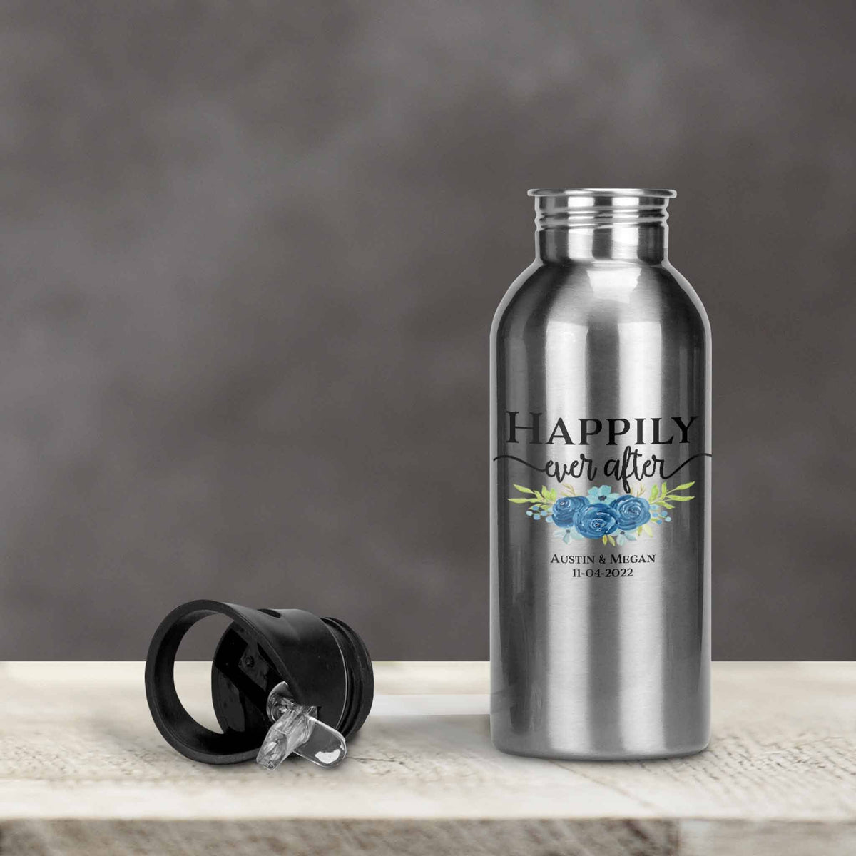 Personalized Water Bottles | Custom Stainless Steel Water Bottles | 20 oz | Happily Ever After Navy Bouqet