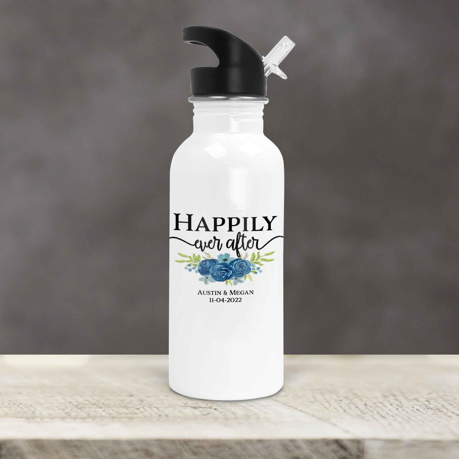 Personalized Water Bottles | Custom Stainless Steel Water Bottles | 20 oz | Happily Ever After Navy Bouqet