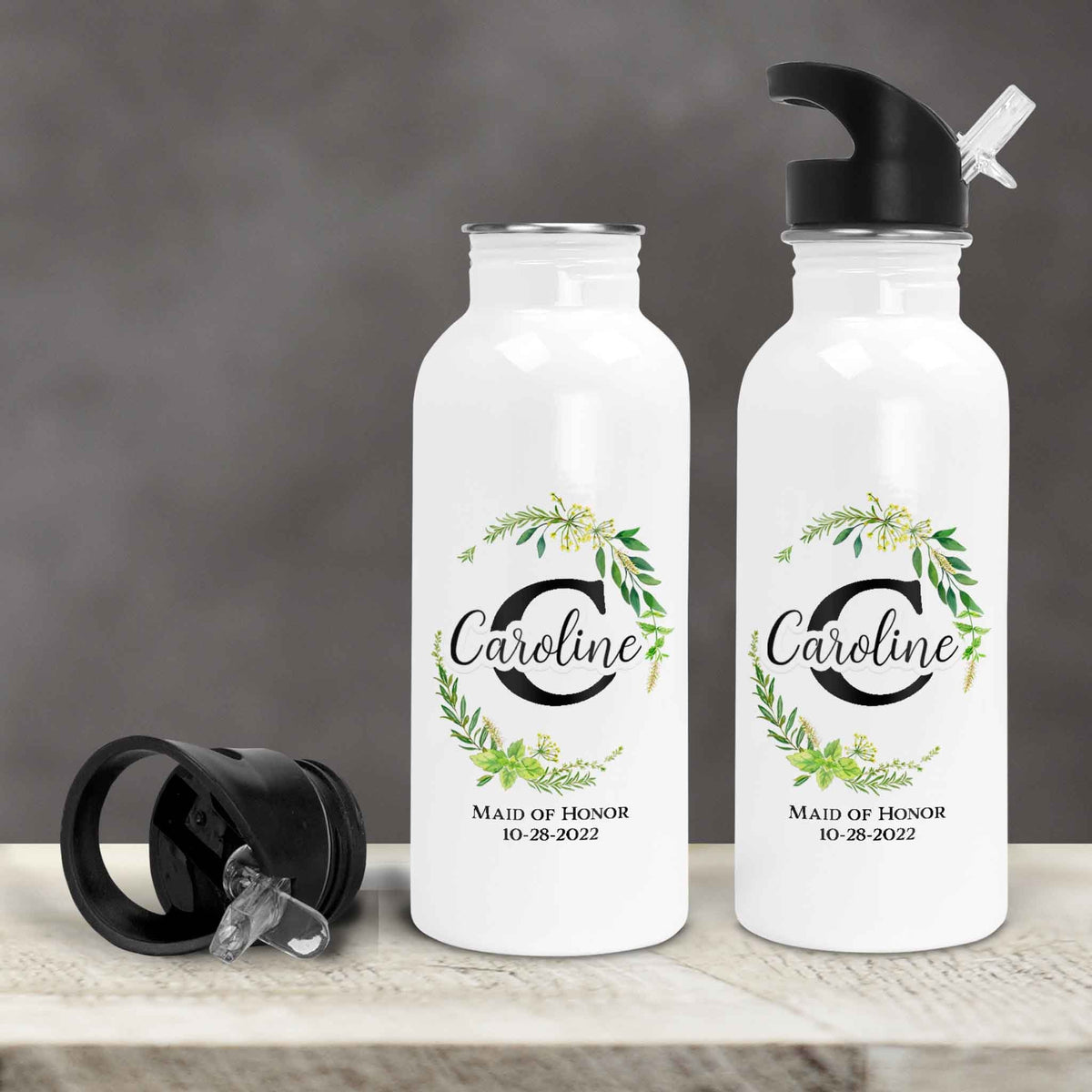 Personalized Water Bottles | Custom Stainless Steel Water Bottles | 17 oz Soda  | Green Leaf Monogram