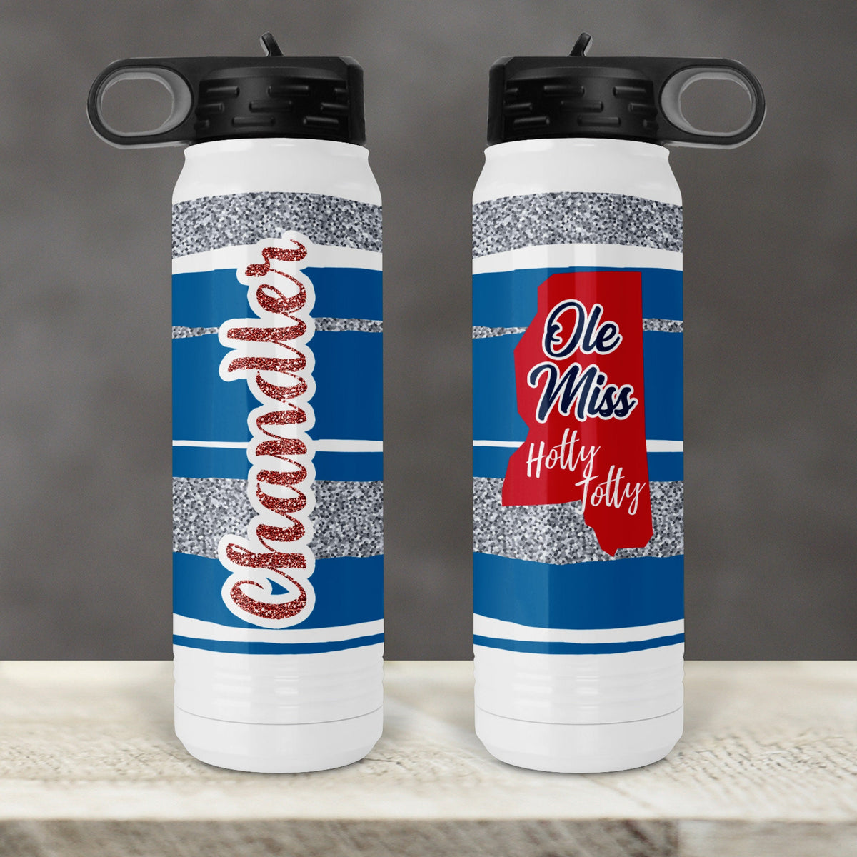 Personalized Water Bottles | Custom Stainless Steel Water Bottles | 20 oz | Ole Miss Glitter