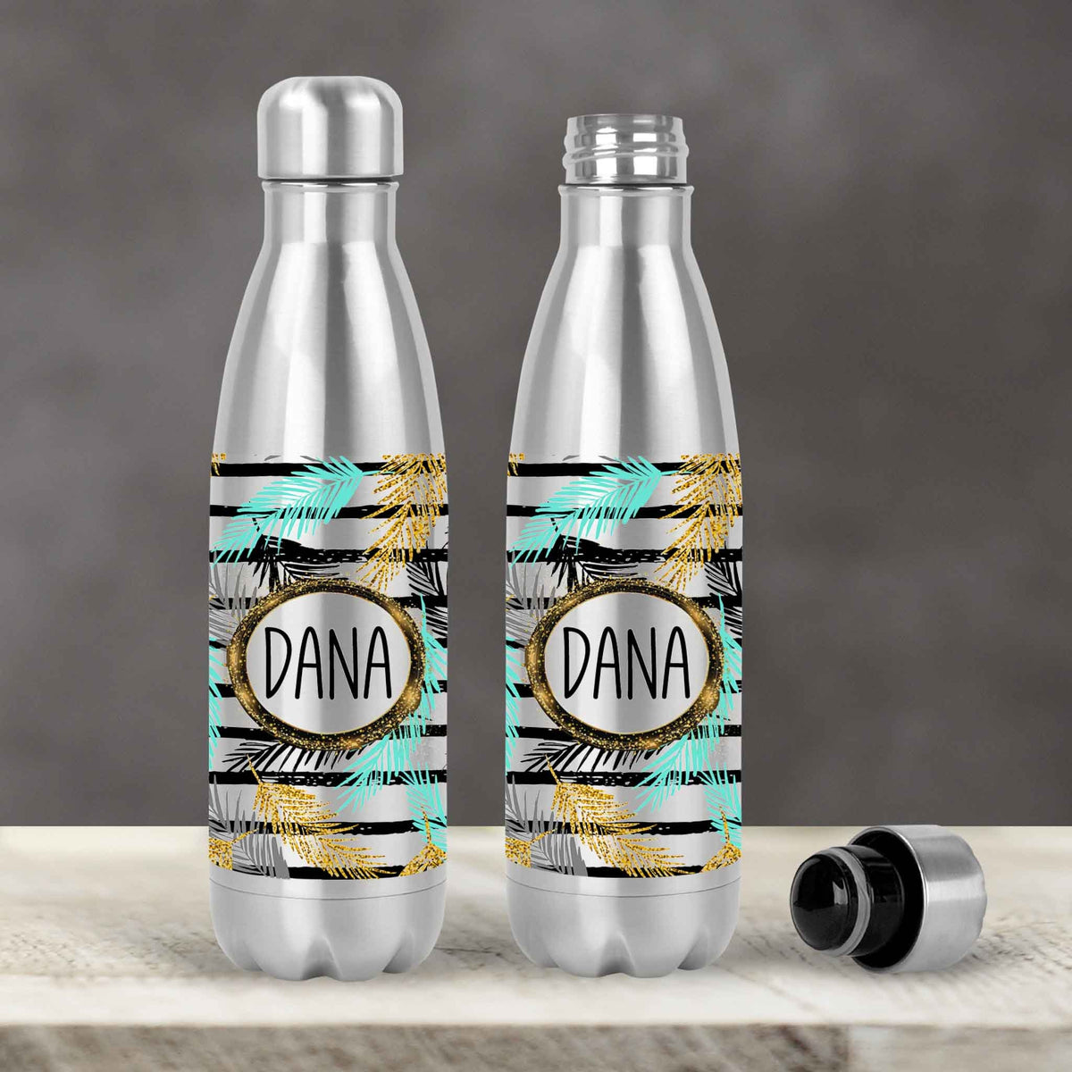 Personalized Water Bottles | Custom Stainless Steel Water Bottles | 17 oz Soda | Glitter Palm