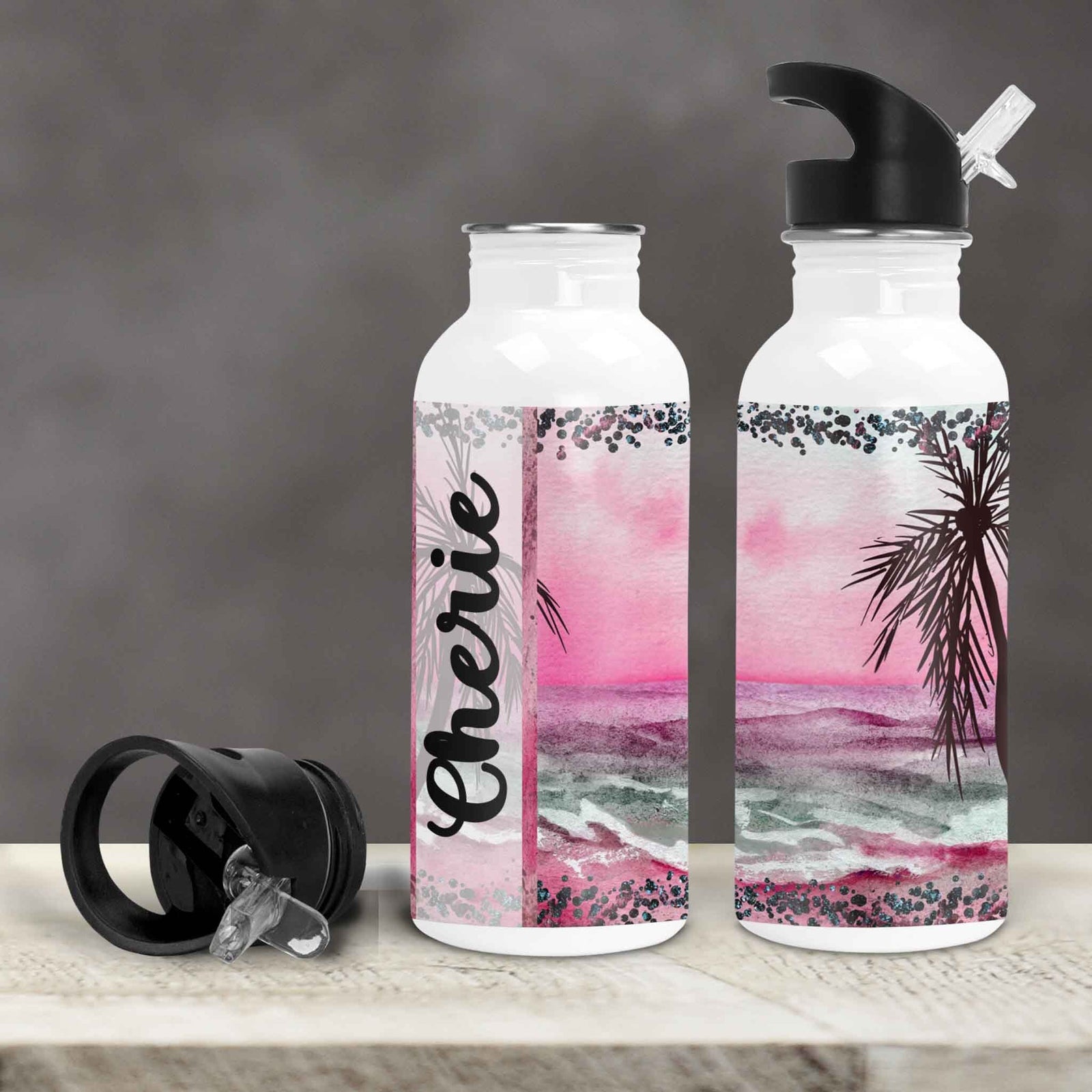 Personalized Water Bottles | Custom Stainless Steel Water Bottles | 20 oz | Pink Beach