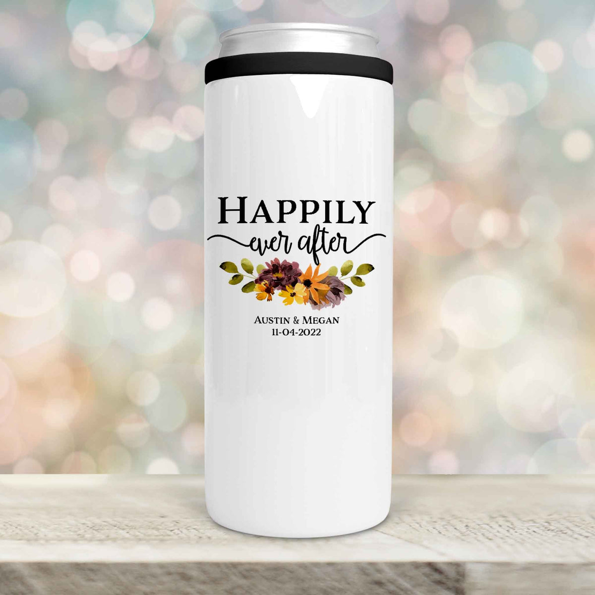 Personalized Skinny Beverage Insulator | Custom Skinny Can Cooler | Happily Ever After Fall Floral