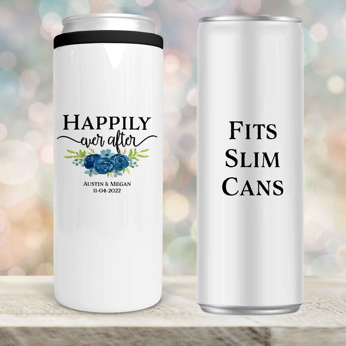 Personalized Skinny Beverage Insulator | Custom Skinny Can Cooler | Happily Ever After Navy Bouquet