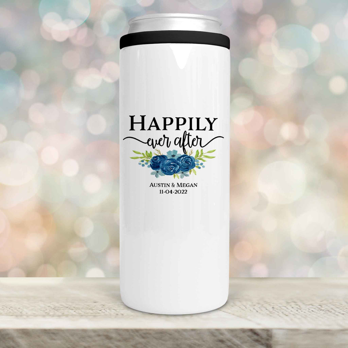 Personalized Skinny Beverage Insulator | Custom Skinny Can Cooler | Happily Ever After Navy Bouquet