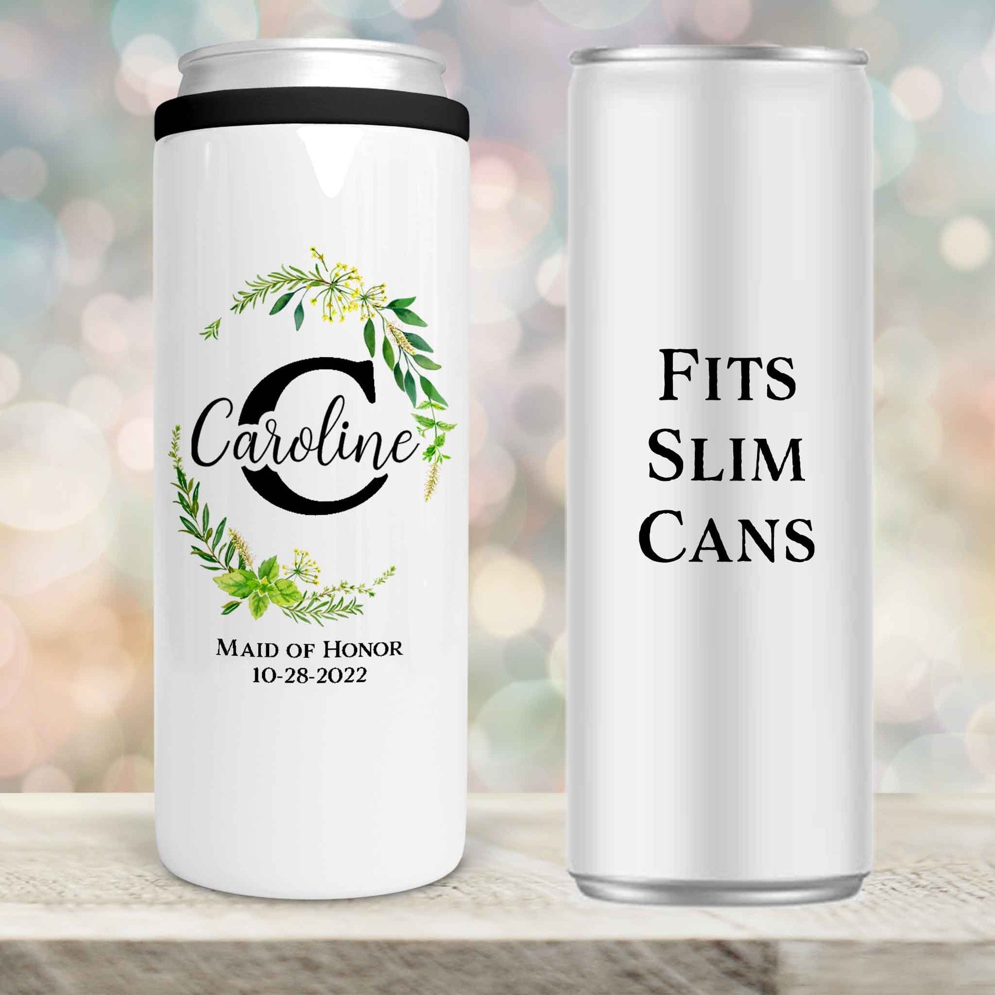 Personalized Skinny Beverage Insulator | Custom Skinny Can Cooler | Green Leaf Monogram