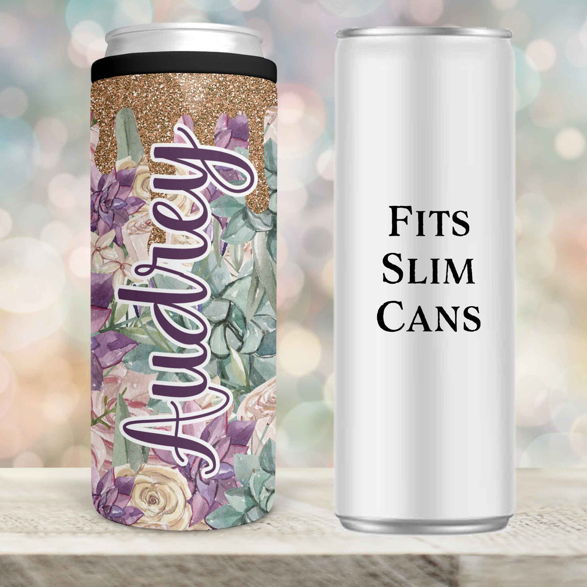 Personalized Skinny Beverage Insulator | Custom Skinny Can Cooler | Succelent Glitter