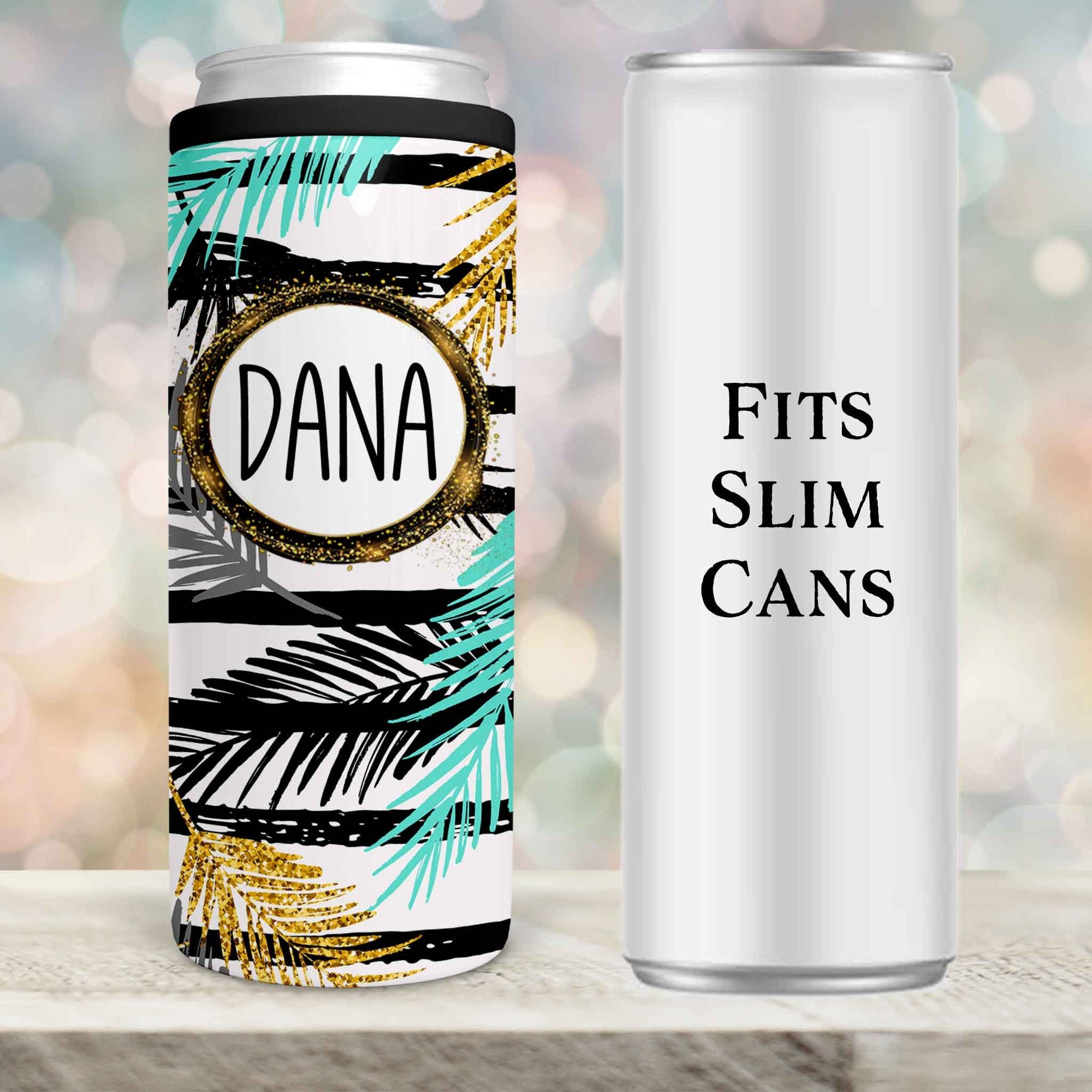 Personalized Skinny Beverage Insulator | Custom Skinny Can Cooler | Glitter Palm