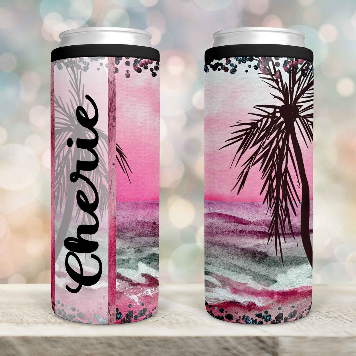 Personalized Skinny Beverage Insulator | Custom Skinny Can Cooler | Pink Beach