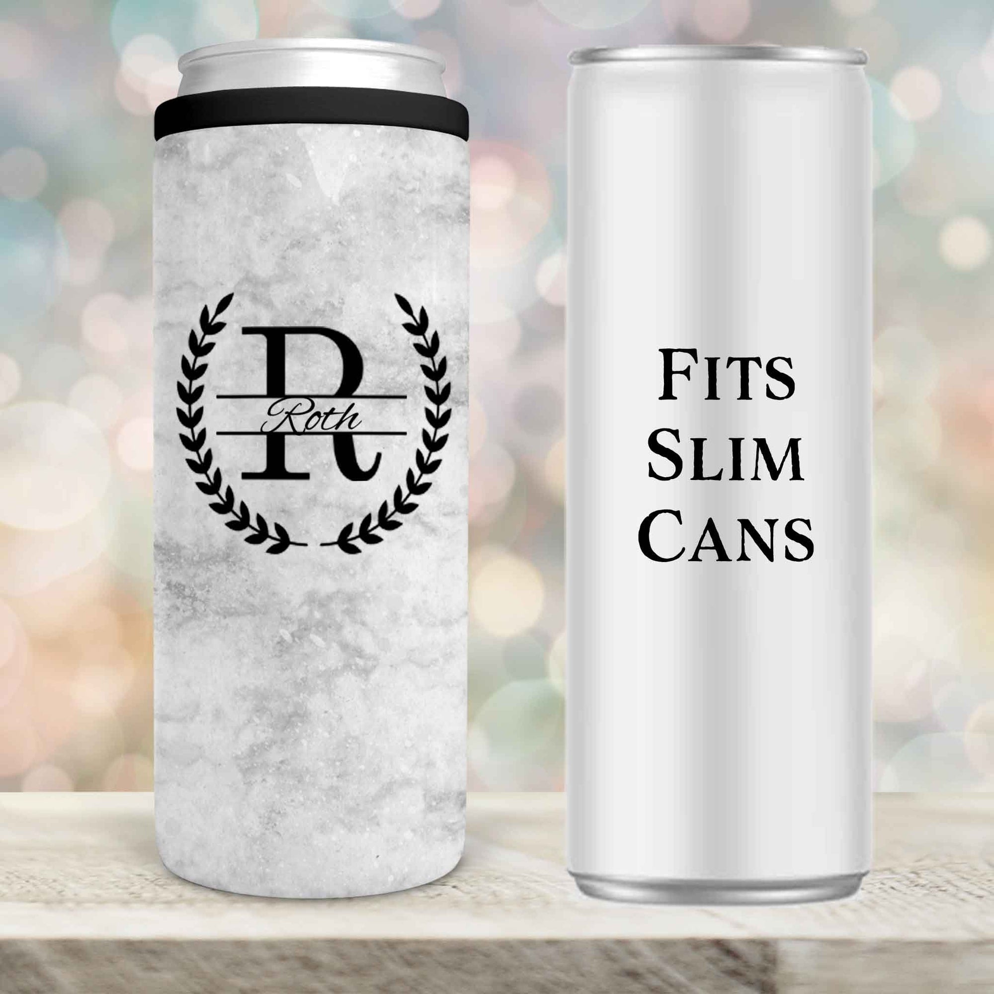 Personalized Skinny Beverage Insulator | Custom Skinny Can Cooler | Laurel Wreath Marble