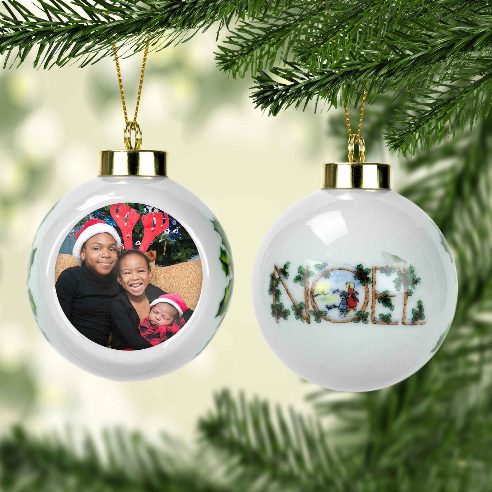 Photo Holiday Ornaments | Personalized Christmas Ornaments | Custom Photo Noel and Holly Leaf