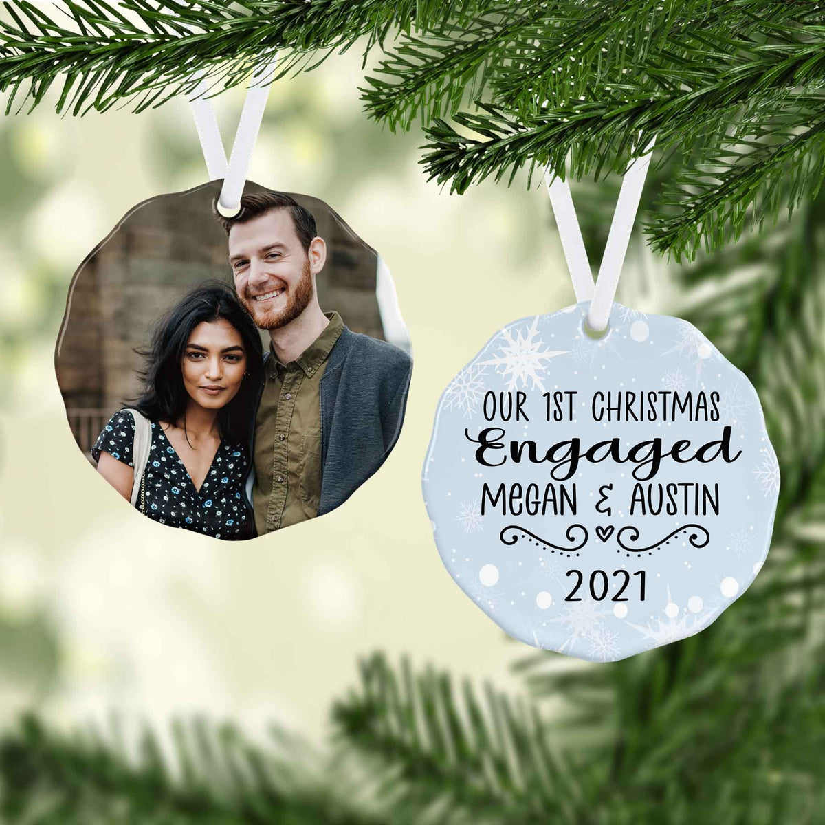 Photo Holiday Ornaments | Personalized Christmas Ornaments | First Christmas Engaged Snow Scallop