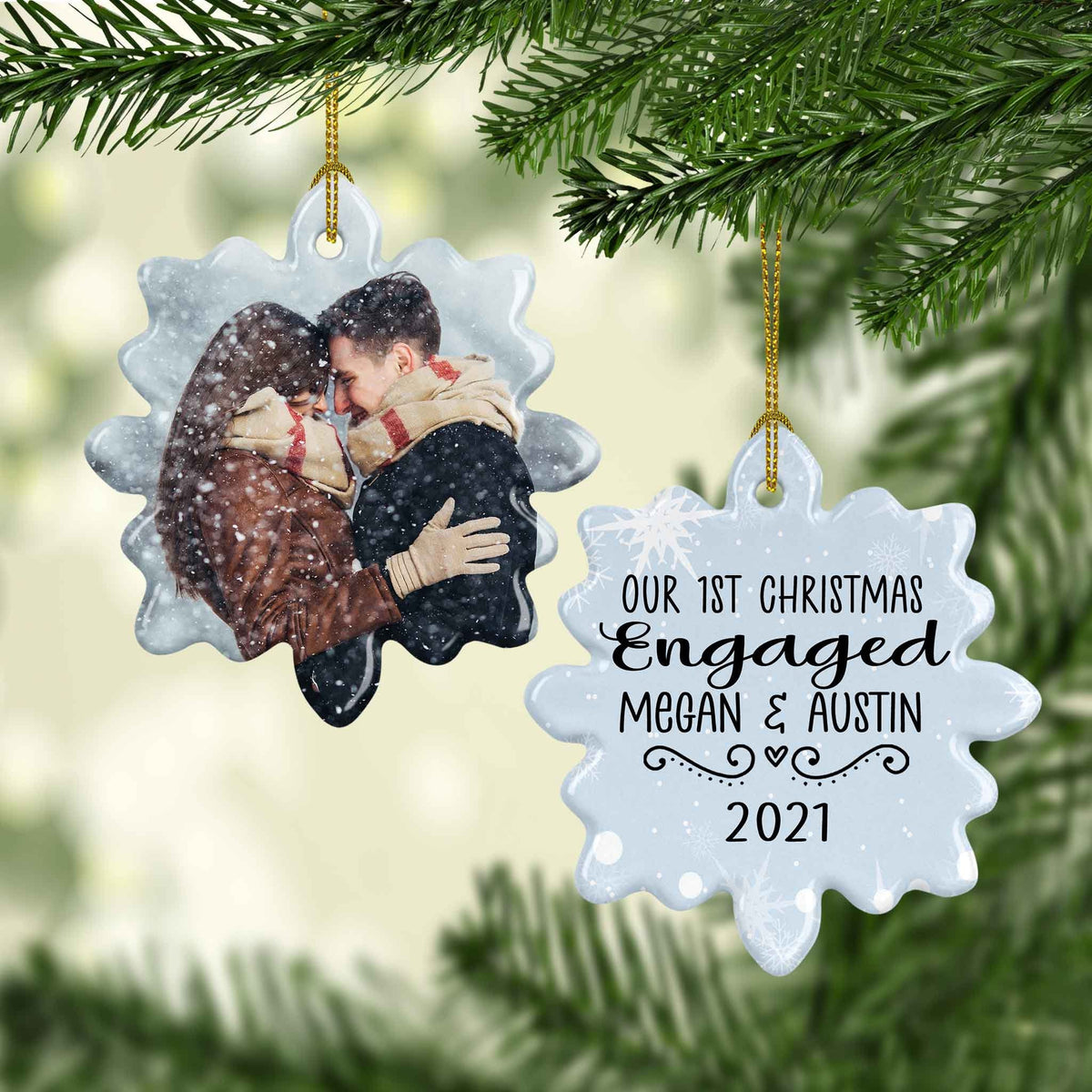 Photo Holiday Ornaments | Personalized Christmas Ornaments | First Christmas Engaged Snow Scallop