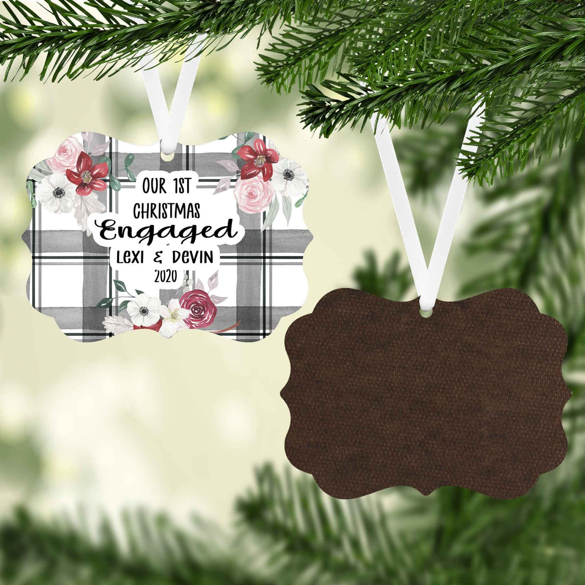 Photo Holiday Ornaments | Personalized Christmas Ornaments | First Christmas Engaged Buffalo Plaid