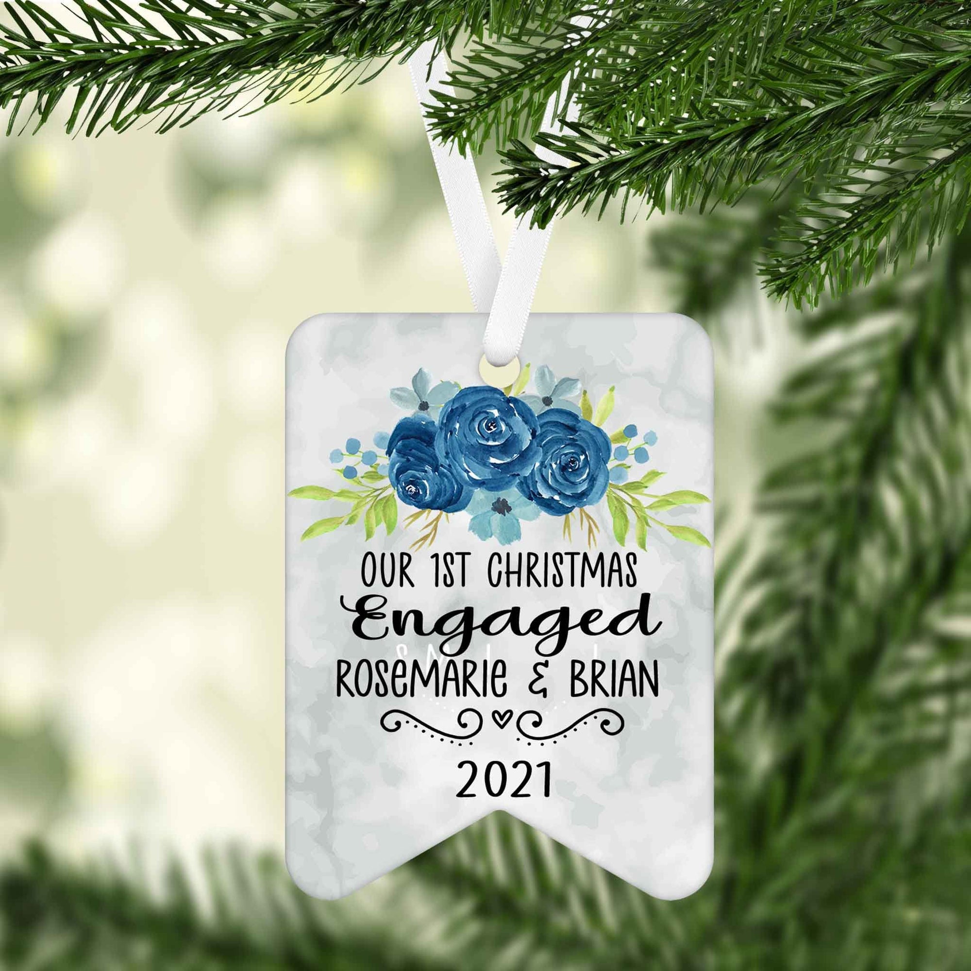 Photo Holiday Ornaments | Personalized Christmas Ornaments | First Christmas Engaged Blue Flowers