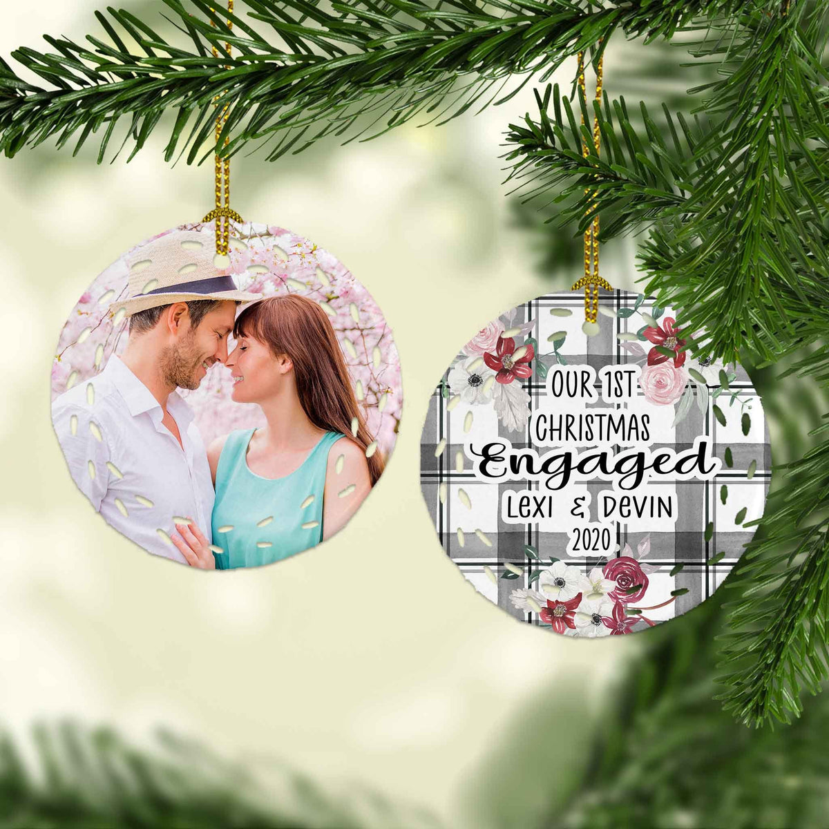 Photo Holiday Ornaments | Personalized Christmas Ornaments | First Christmas Engaged Buffalo Plaid Snowflake