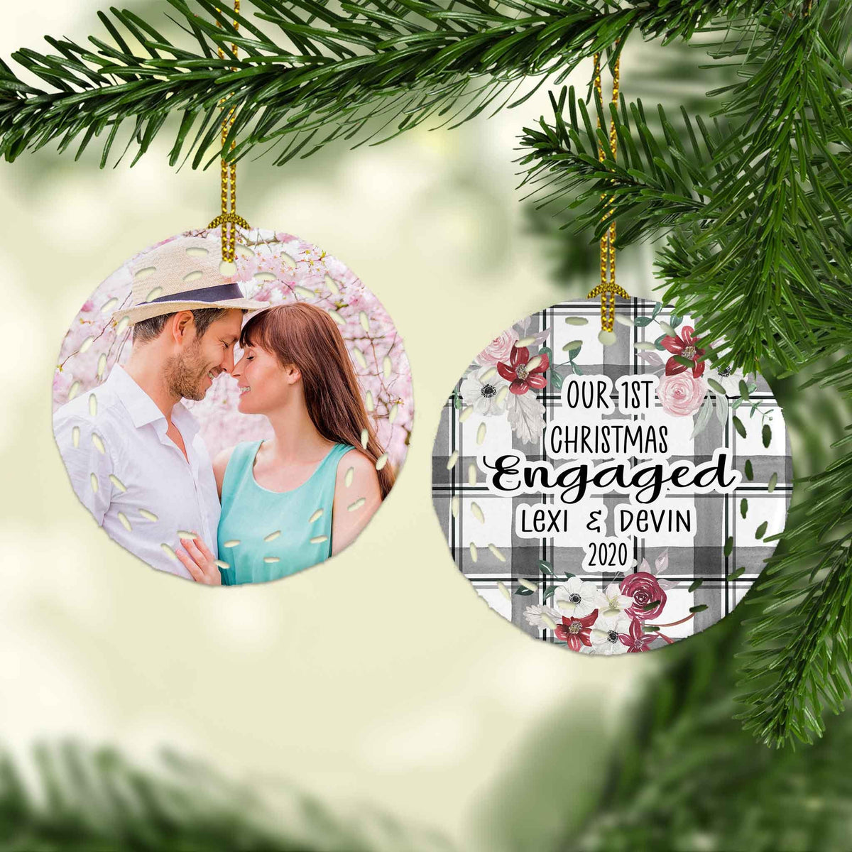 Photo Holiday Ornaments | Personalized Christmas Ornaments | First Christmas Engaged Buffalo Plaid Wreath