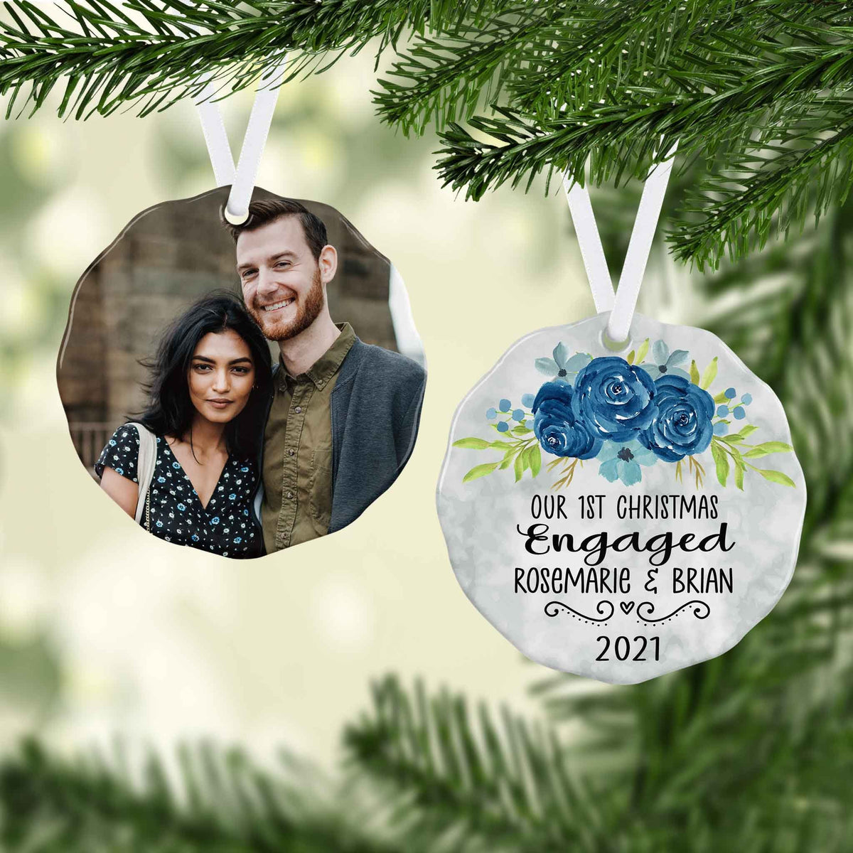 Photo Holiday Ornaments | Personalized Christmas Ornaments | First Christmas Engaged Blue Flowers Scallop