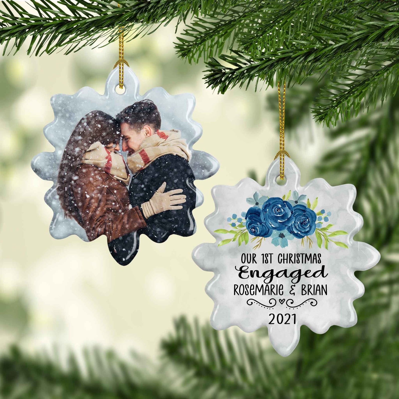 Photo Holiday Ornaments | Personalized Christmas Ornaments | First Christmas Engaged Blue Flowers Snowflake