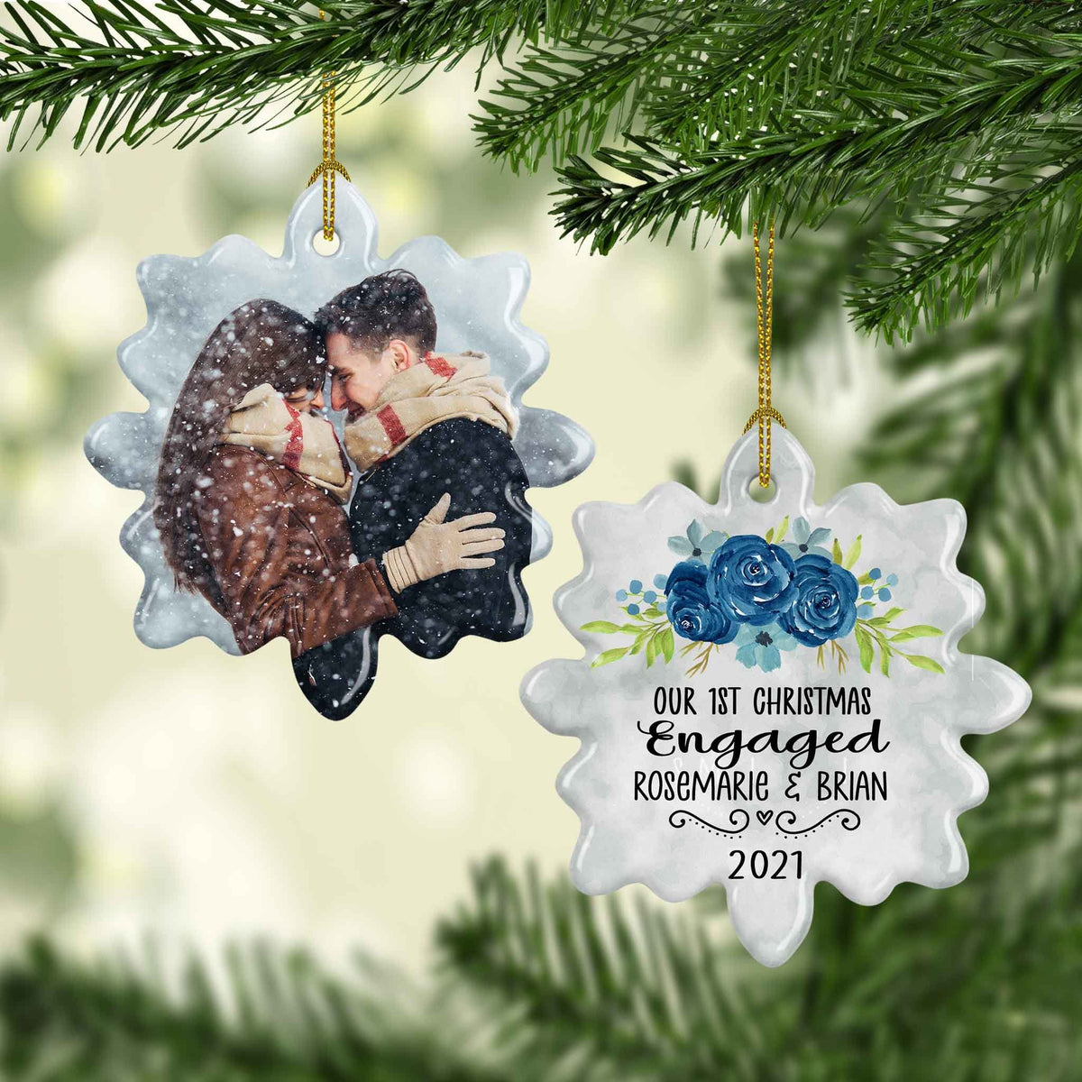 Photo Holiday Ornaments | Personalized Christmas Ornaments | First Christmas Engaged Blue Flowers Scallop