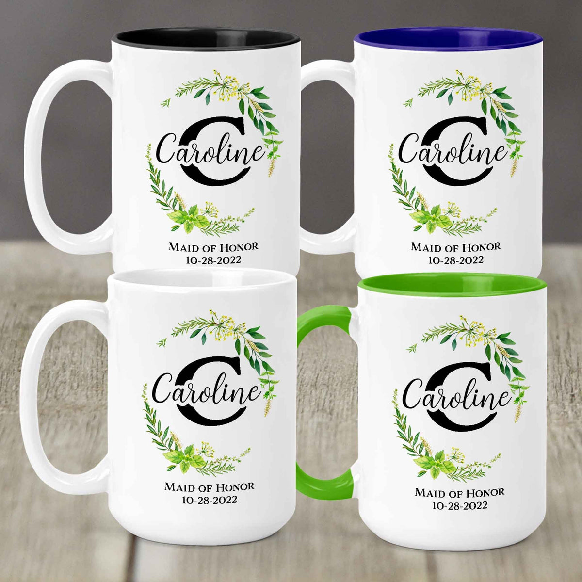 Custom Coffee Mug | Personalized Coffee Mug | Green Leaf Monogram Frame