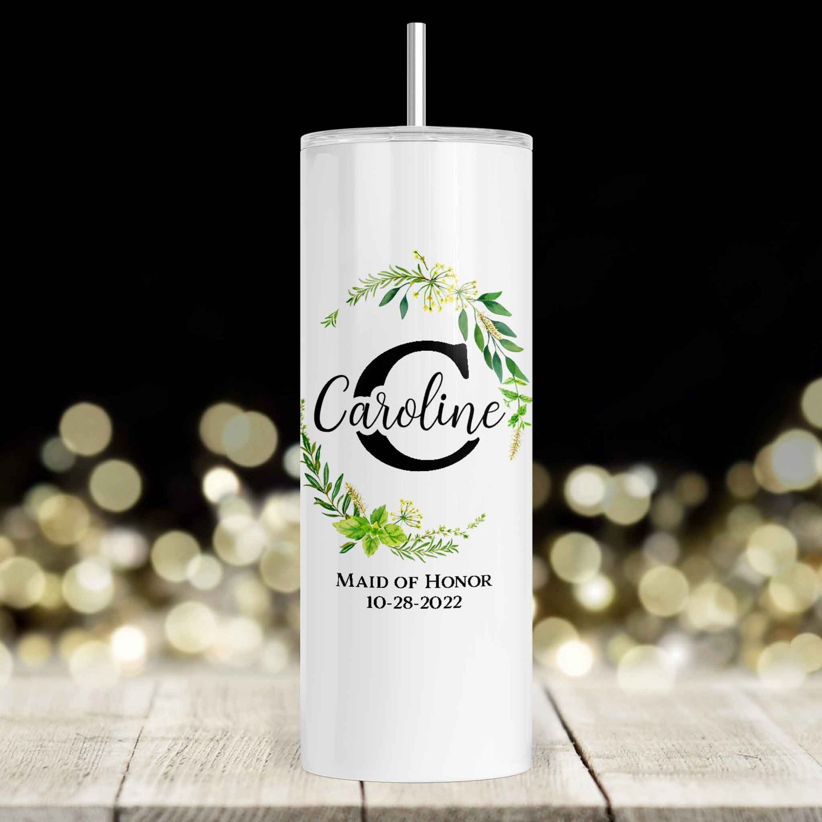 Personalized Skinny Tumbler | Custom Tumbler with Metal Straw | Green Leaf Monogram