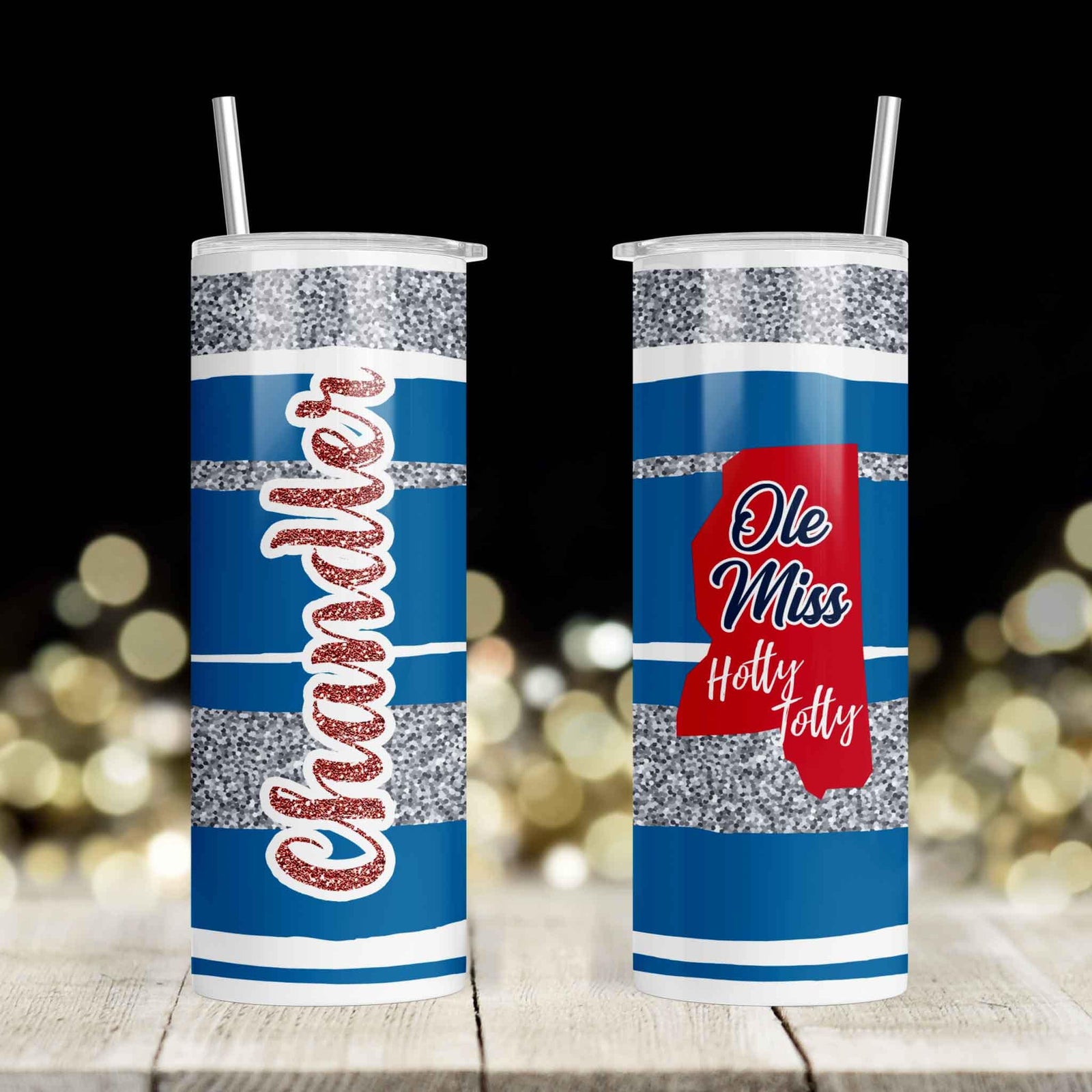 Personalized Skinny Tumbler | Custom Tumbler with Metal Straw | Ole Miss Glitter
