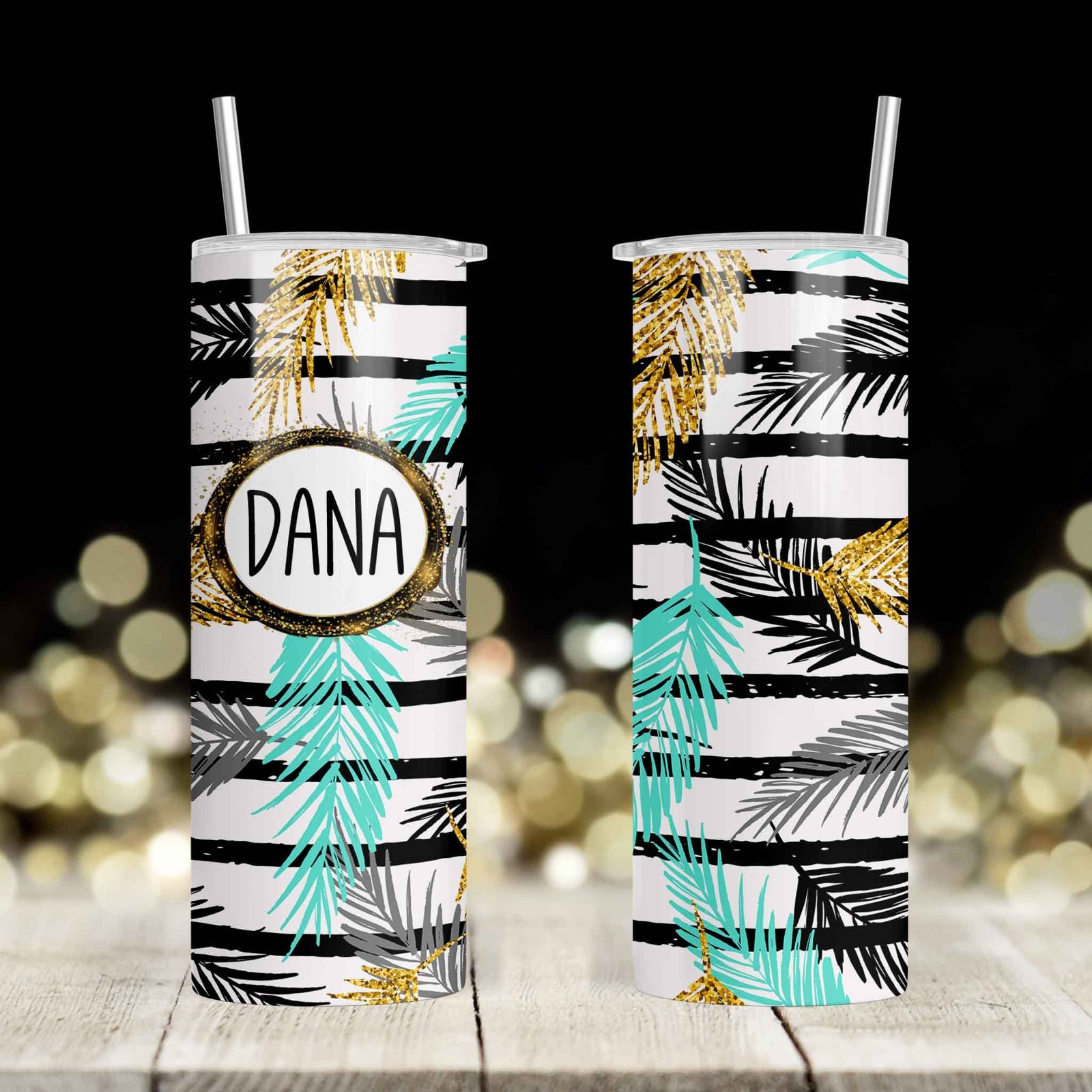 Personalized Skinny Tumbler | Custom Tumbler with Metal Straw | Glitter Palm