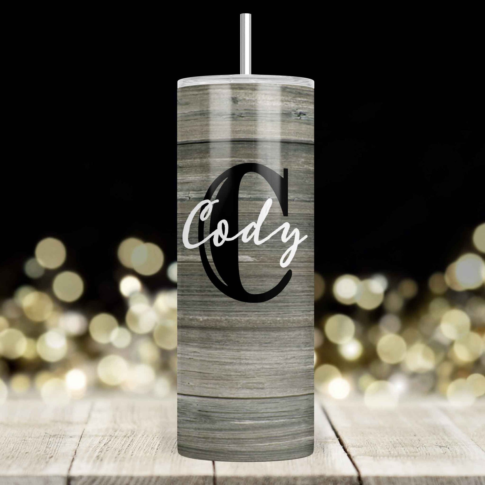 Personalized Skinny Tumbler | Custom Tumbler with Metal Straw | Rustic Monogram