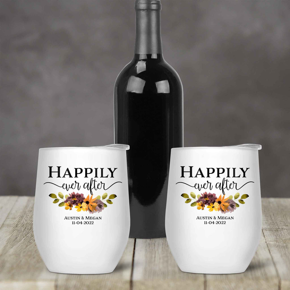 Personalized Stemless Wine Tumbler | Custom Wine Gifts | Wine Glass | Happily Ever After Fall Floral