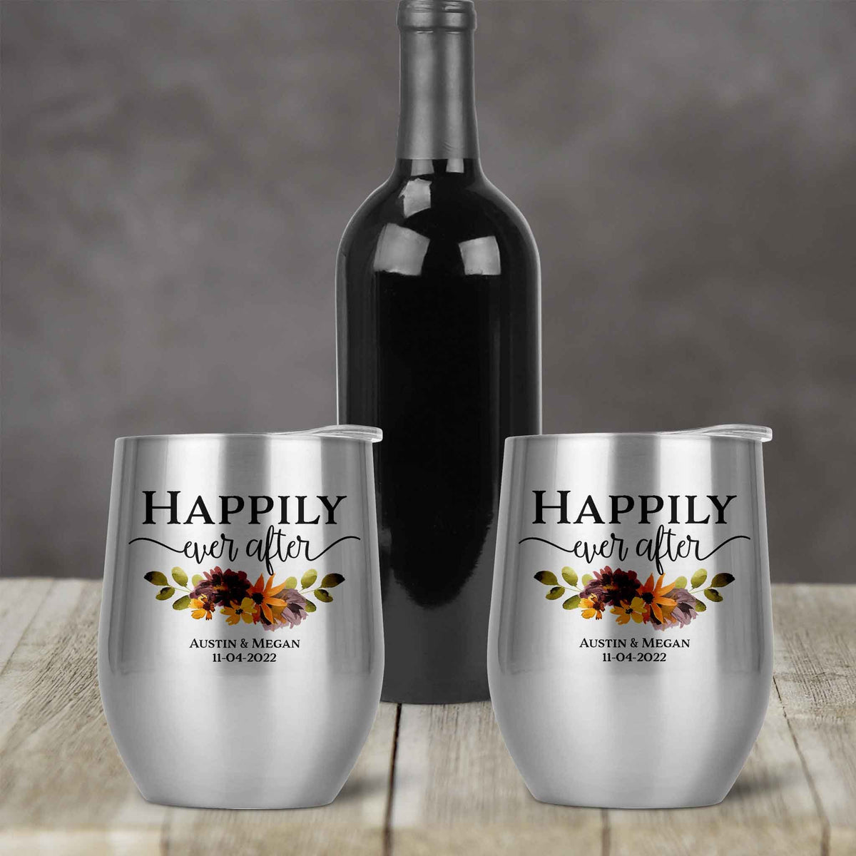 Personalized Stemless Wine Tumbler | Custom Wine Gifts | Wine Glass | Happily Ever After Fall Floral