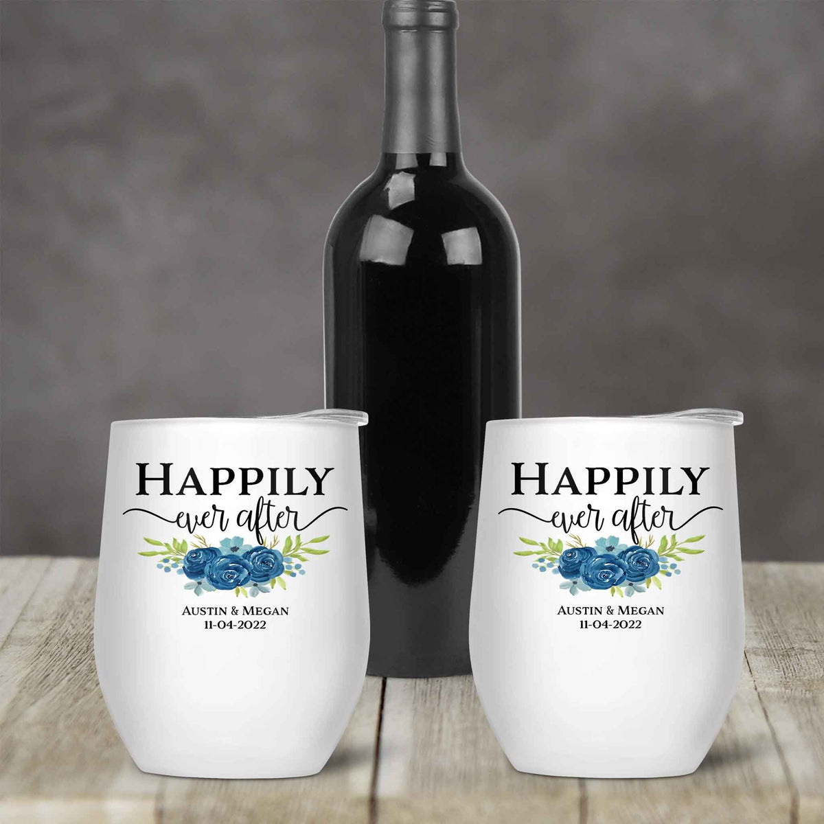 Personalized Stemless Wine Tumbler | Custom Wine Gifts | Wine Glass | Happily Ever After Navy Bouquet