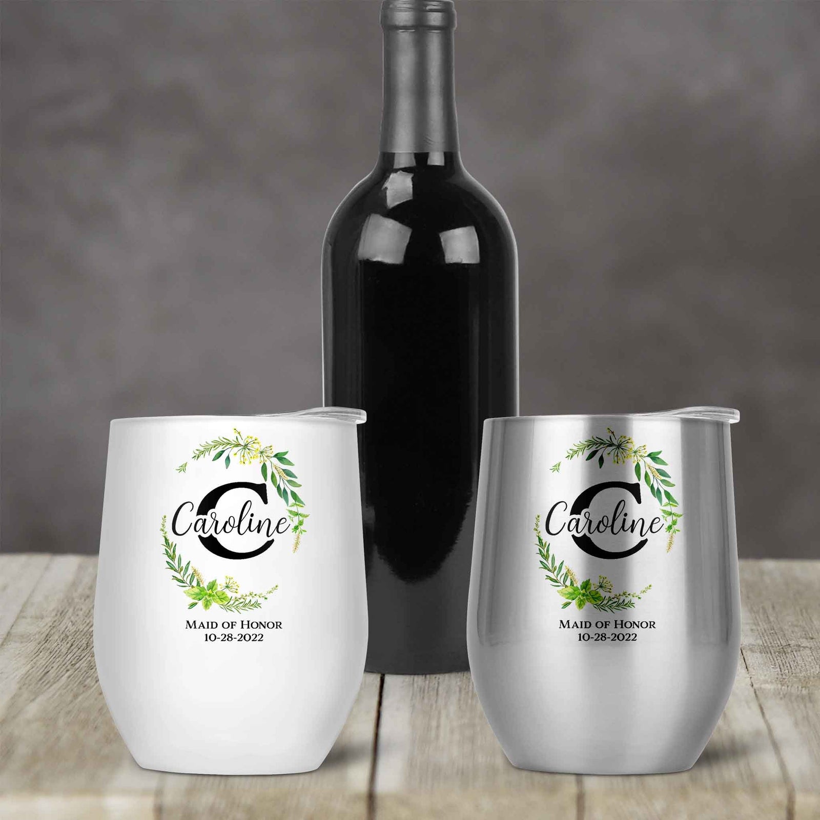 Personalized Stemless Wine Tumbler | Custom Wine Gifts | Wine Glass | Green Leaf Monogram