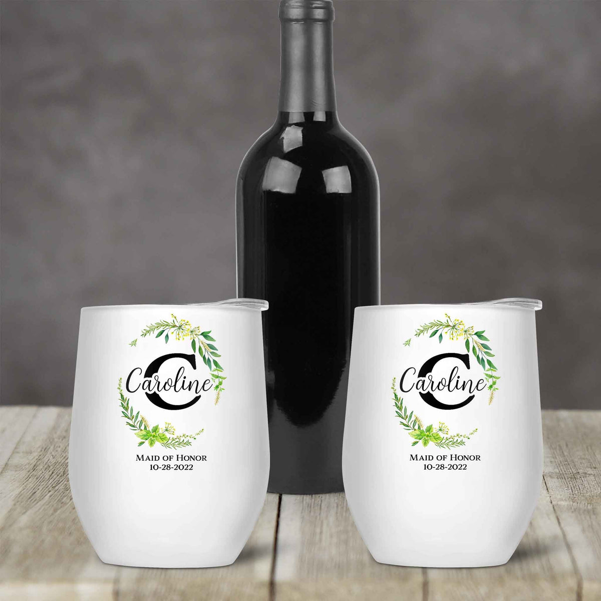 Personalized Stemless Wine Tumbler | Custom Wine Gifts | Wine Glass | Green Leaf Monogram