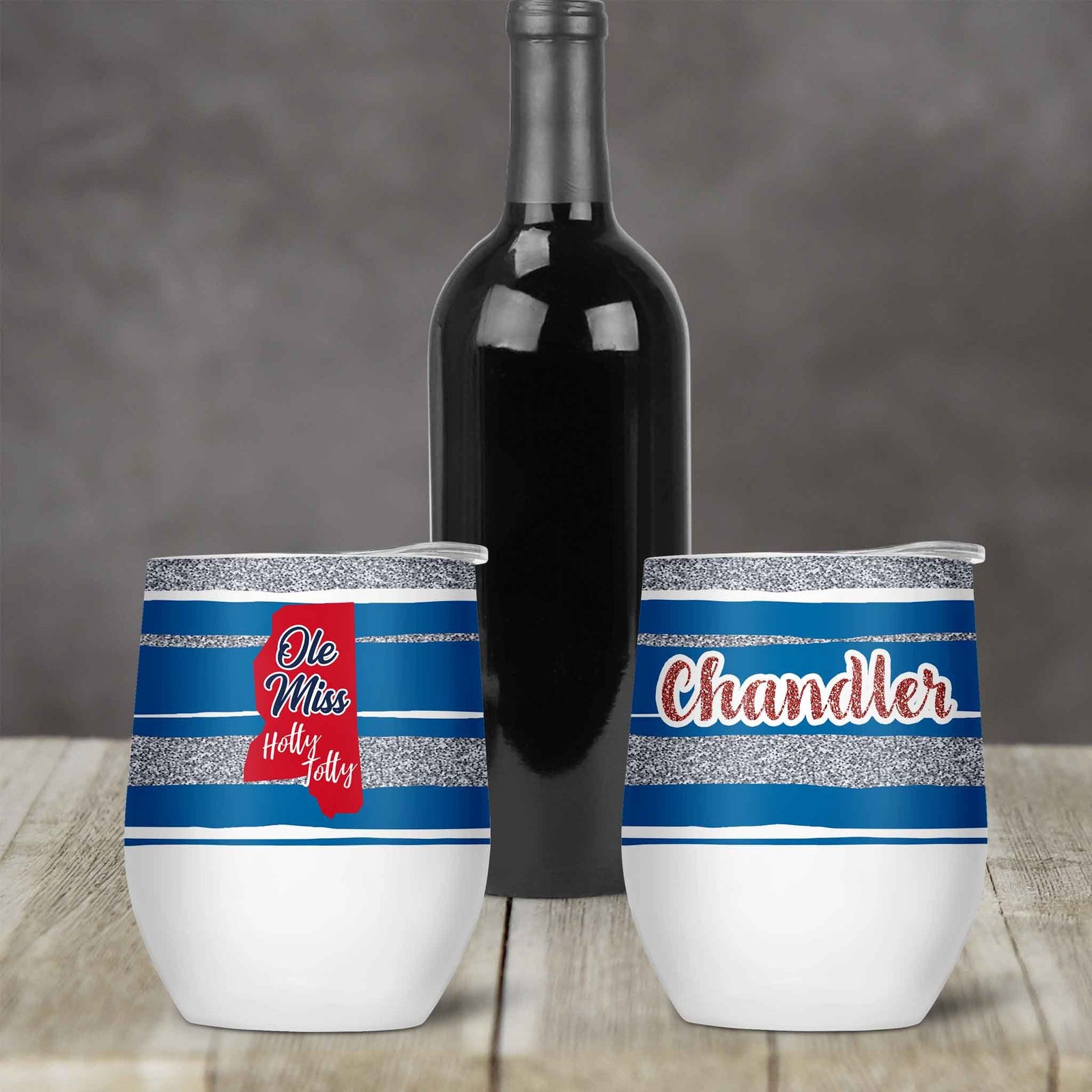 Personalized Stemless Wine Tumbler | Custom Wine Gifts | Wine Glass | Ole Miss Glitter
