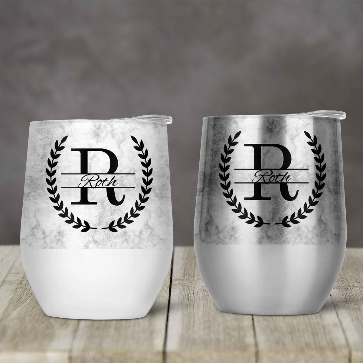 Personalized Stemless Wine Tumbler | Custom Wine Gifts | Wine Glass | Laurel Wreath Marble