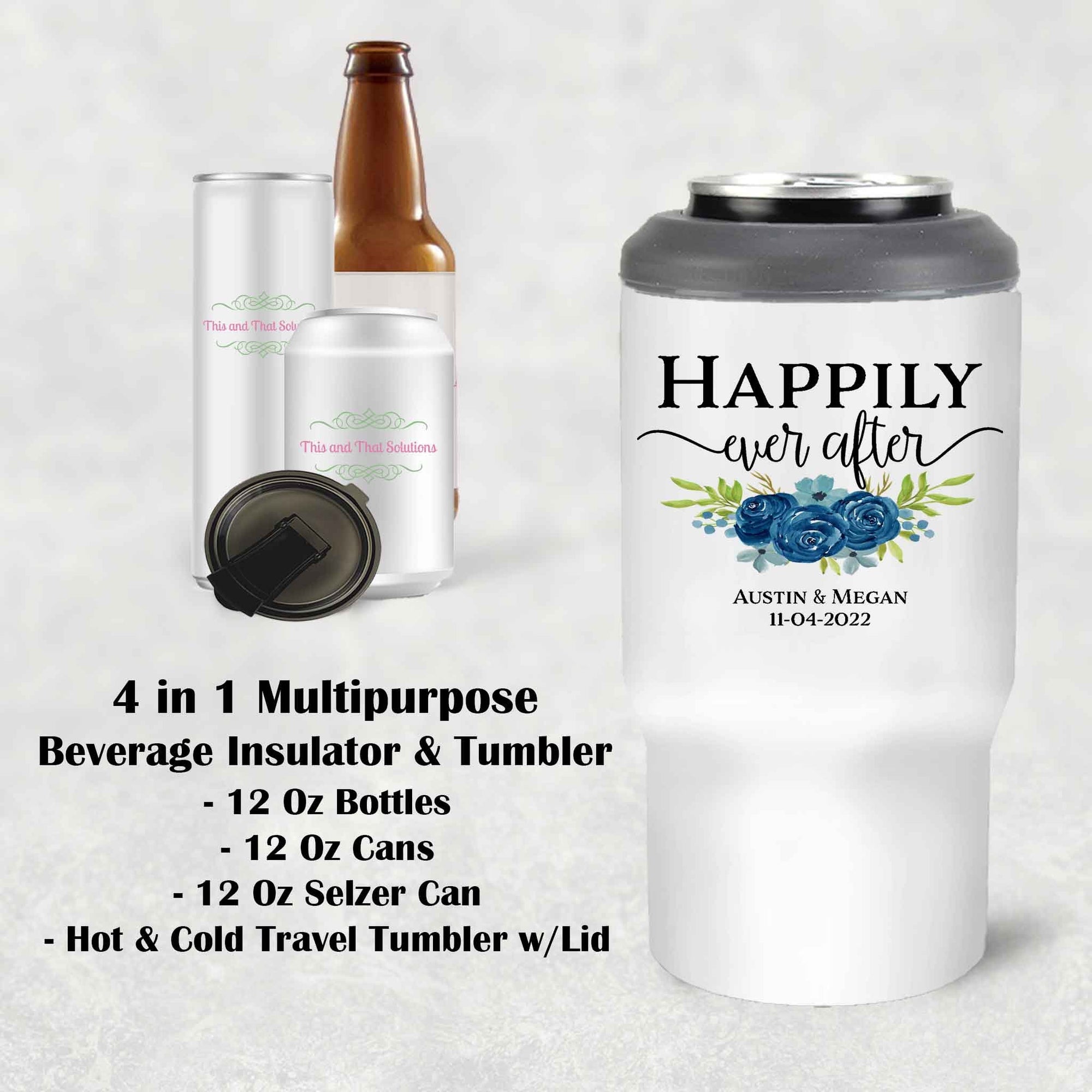 Custom Skinny Beverage Insulator | Personalized Tumbler | Happily Ever After Navy Bouquet