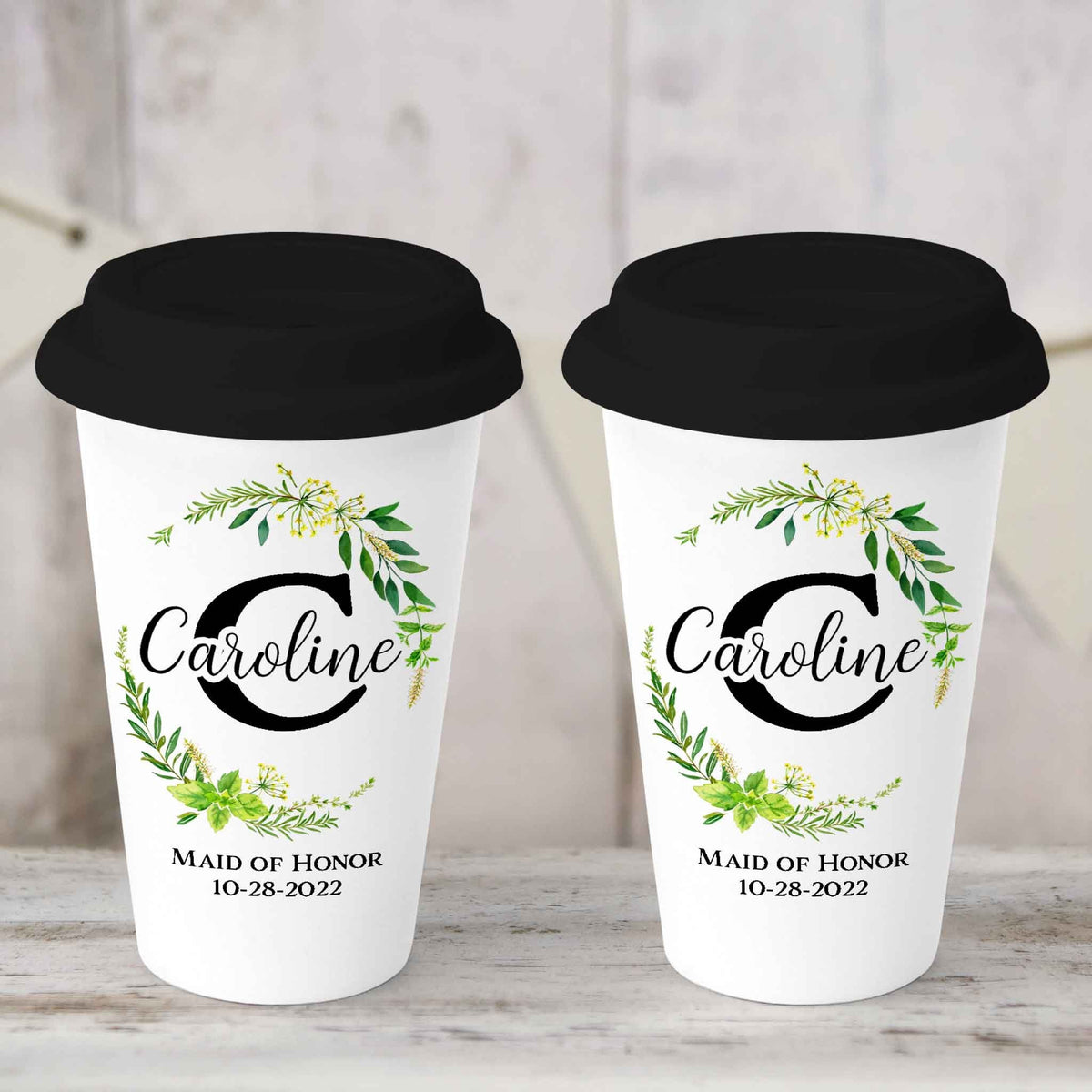 Custom Coffee Tumbler | Personalized Coffee Travel Mug | Green Leaf Monogram