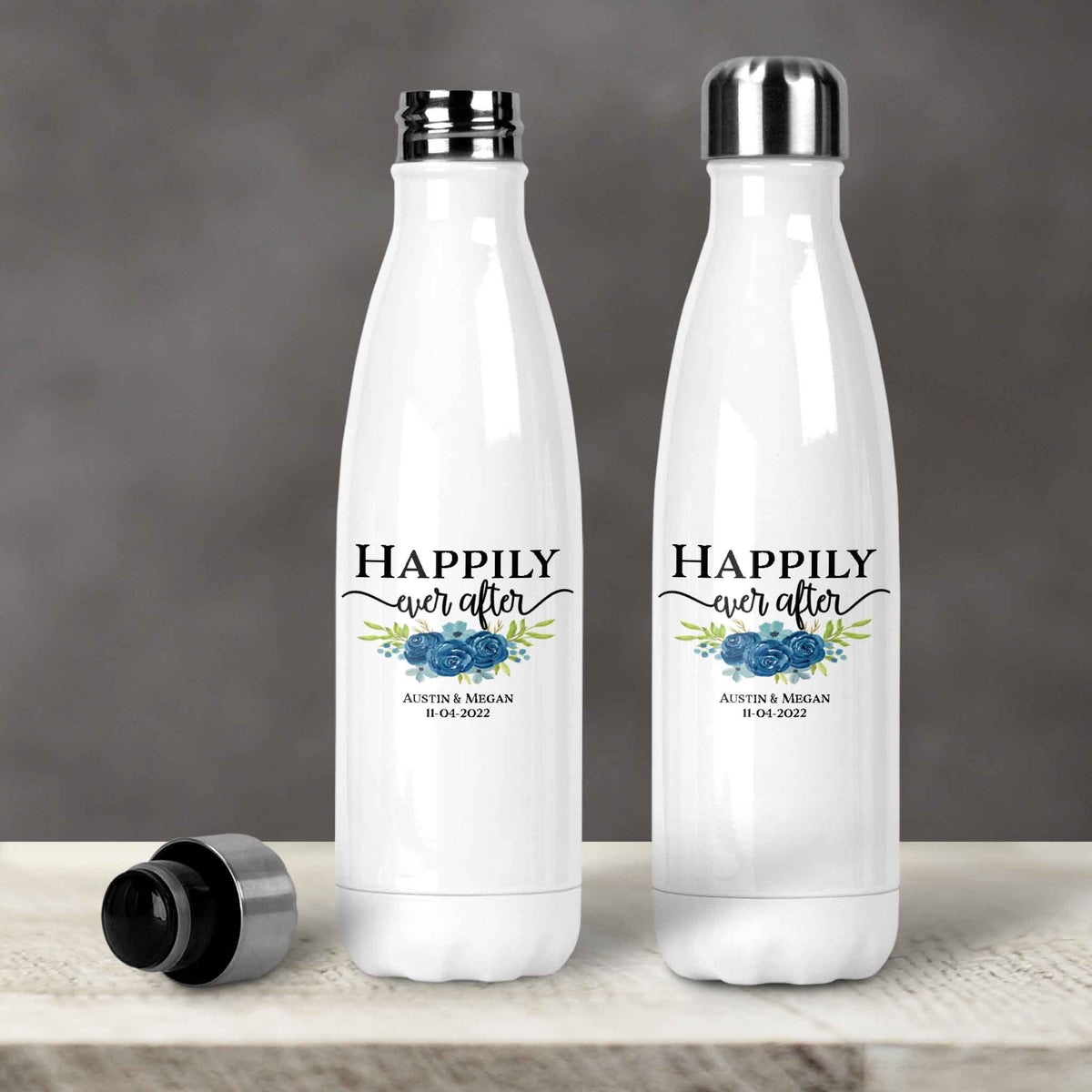 Personalized Water Bottles | Custom Stainless Steel Water Bottles | 17 oz Soda | Happily Ever After Navy Bouqet