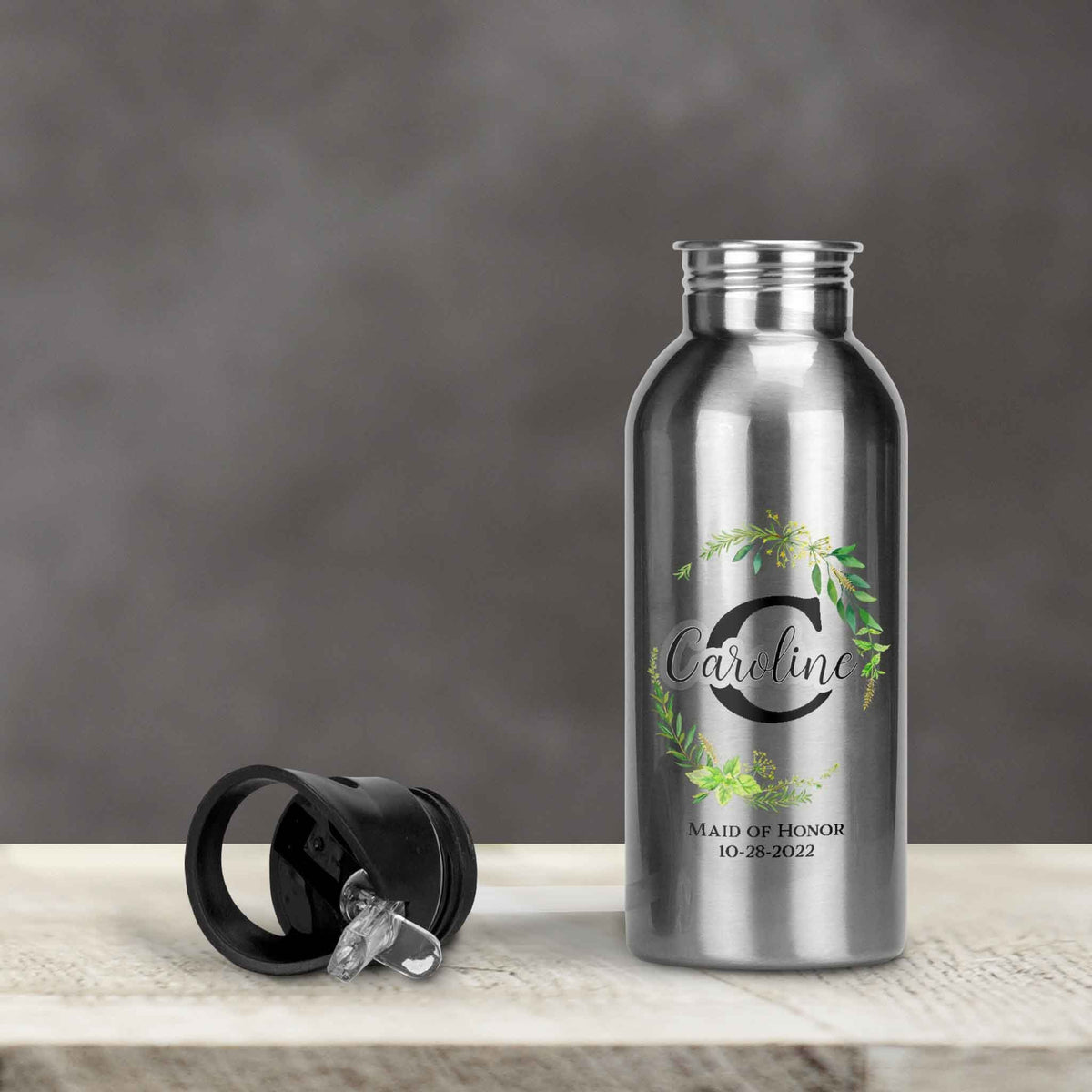 Personalized Water Bottles | Custom Stainless Steel Water Bottles | 17 oz Soda  | Green Leaf Monogram