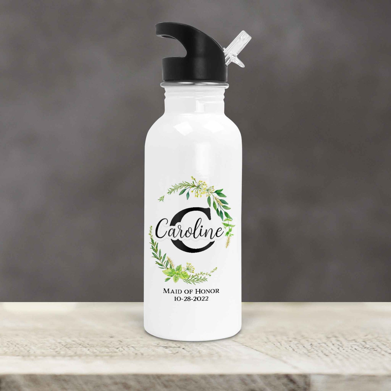 Personalized Water Bottles | Custom Stainless Steel Water Bottles | 20 oz | Green Leaf Monogram