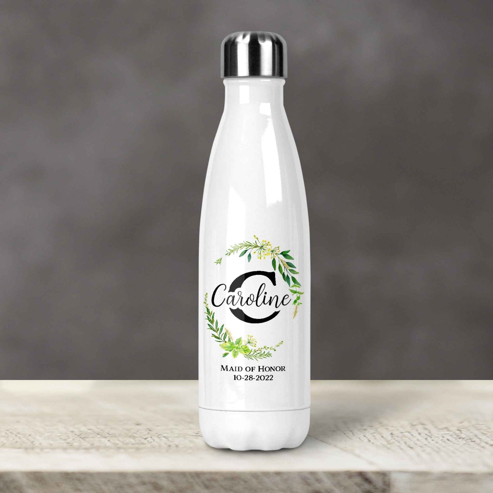 Personalized Water Bottles | Custom Stainless Steel Water Bottles | 17 oz Soda  | Green Leaf Monogram