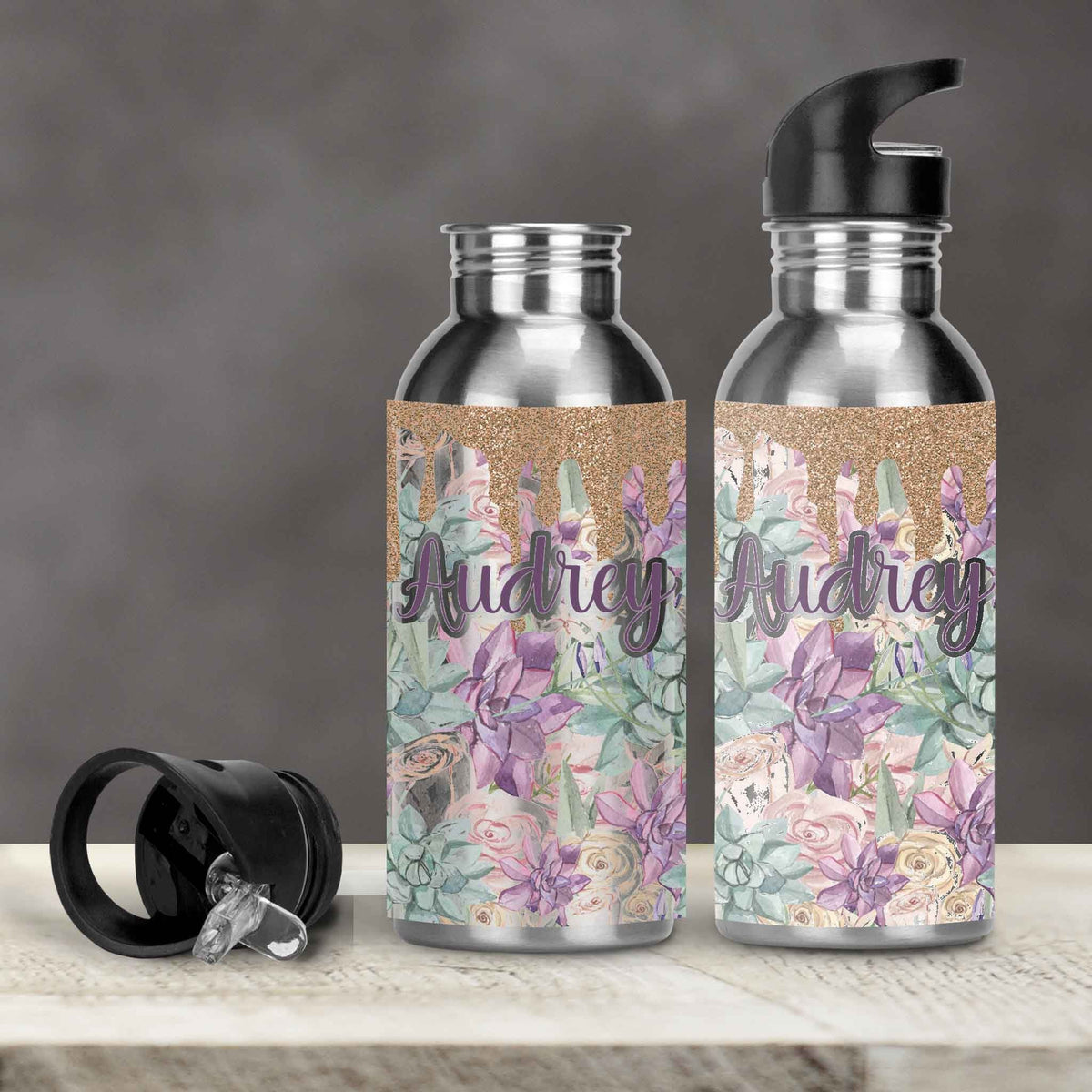 Personalized Water Bottles | Custom Stainless Steel Water Bottles | 30 oz | Succelent Glitter