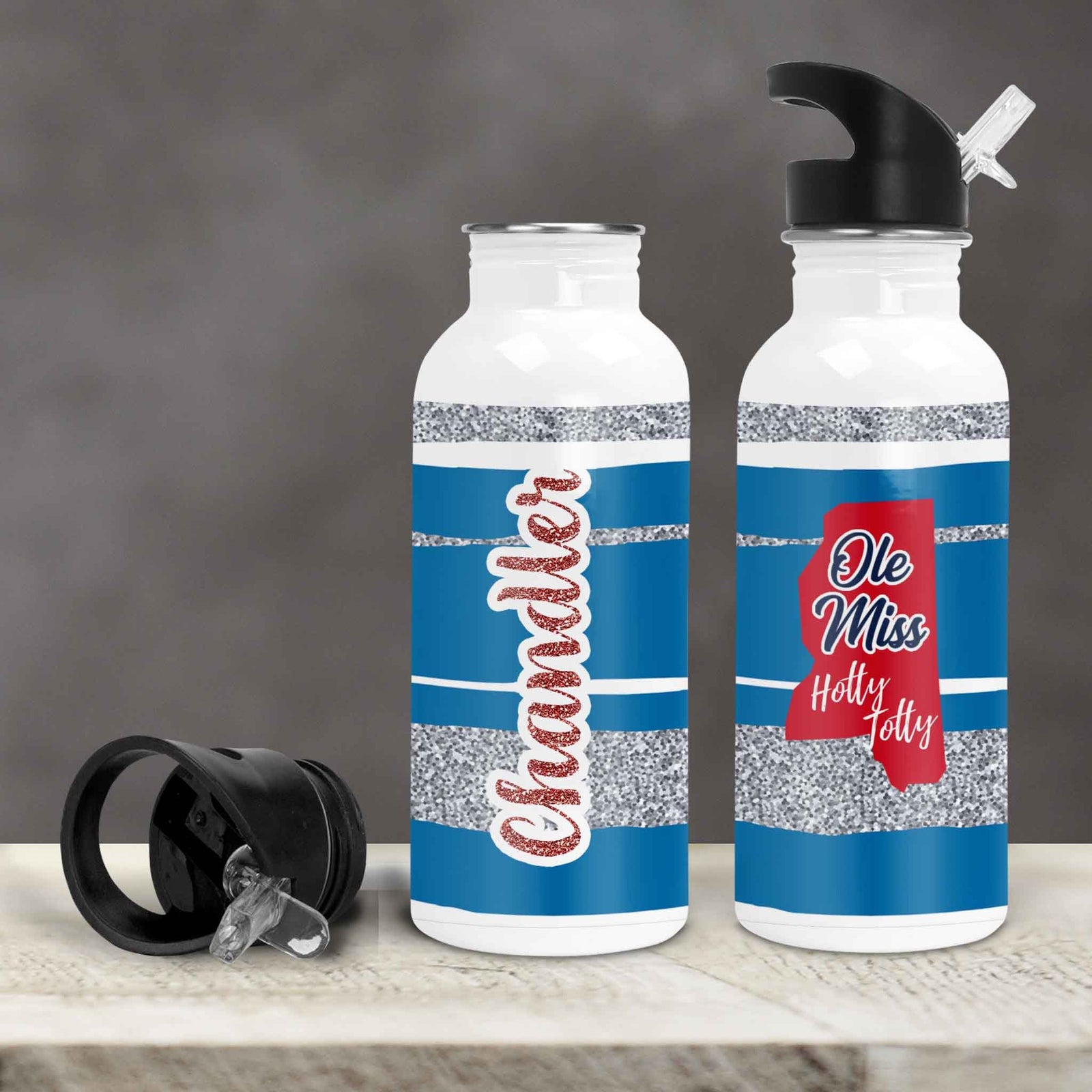 Personalized Water Bottles | Custom Stainless Steel Water Bottles | 20 oz | Ole Miss Glitter