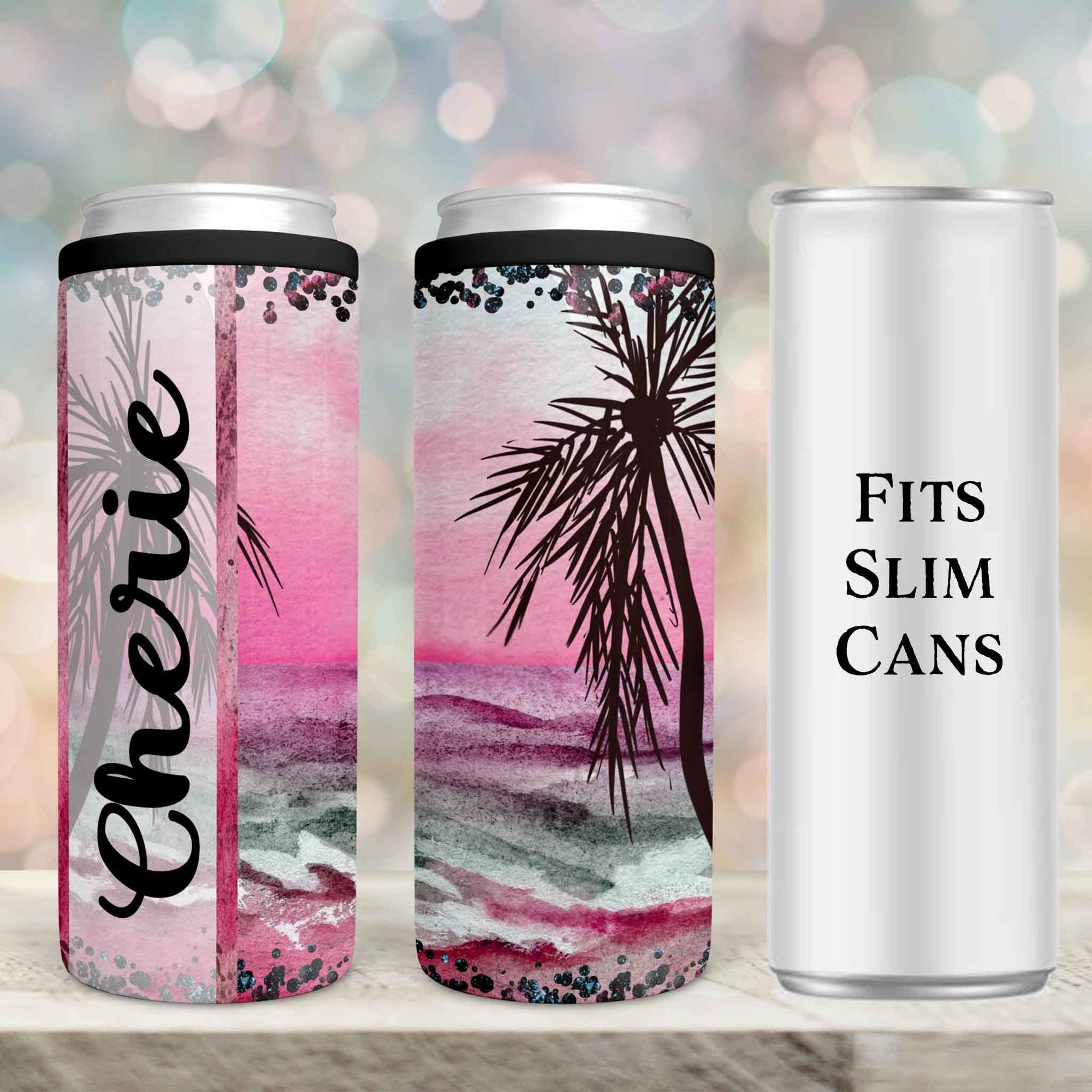 Personalized Skinny Beverage Insulator | Custom Skinny Can Cooler | Pink Beach