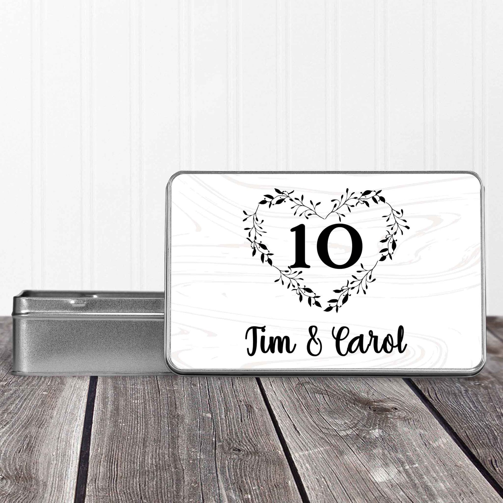 Custom Aluminum Tin | Photo Storage Box | Puzzle Tin | 10th Anniversary Floral Heart